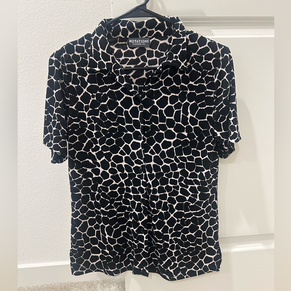 Vintage Notations Black and White animal print Short Sleeve Button Down